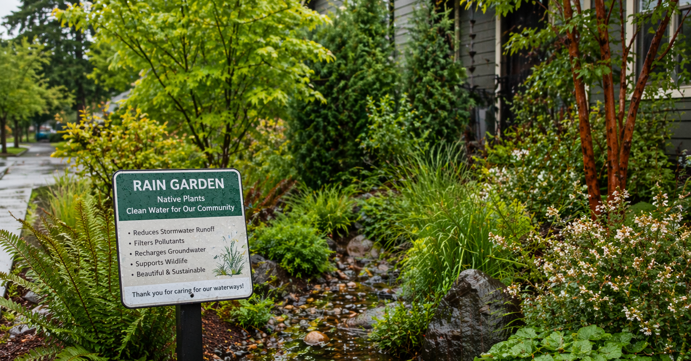 Native Pacific Northwest trees growing in a rain garden designed for stormwater drainage.