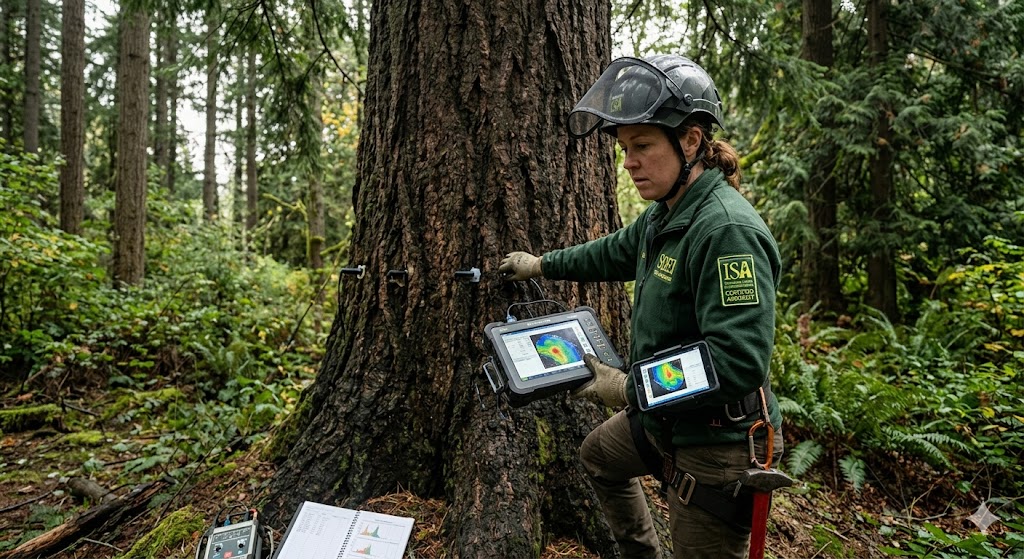 ISA-certified-arborist-inspecting-a-large-Douglas-fir-for-windstorm-stability-in-Mount-Vernon