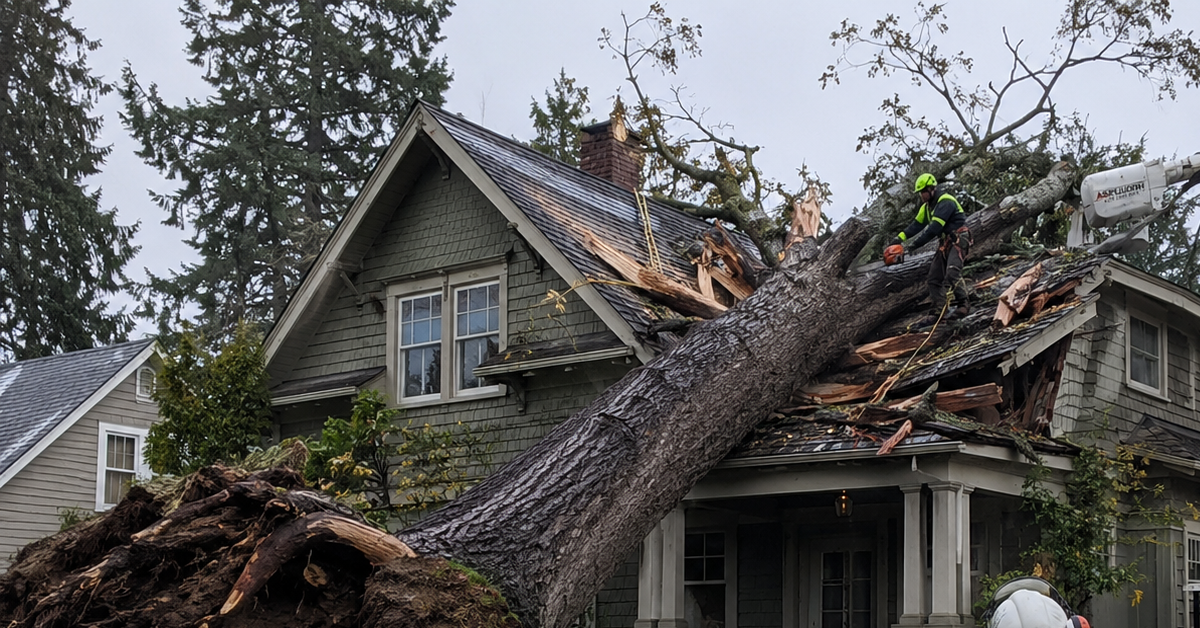 Storm-damaged tree leaning onto a Bellingham home with broken limbs and exposed roots during emergency removal response