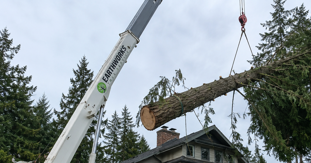 Earthworks Tree Service crane removing a large Douglas fir leaning over a residential home in Bellingham, Washington