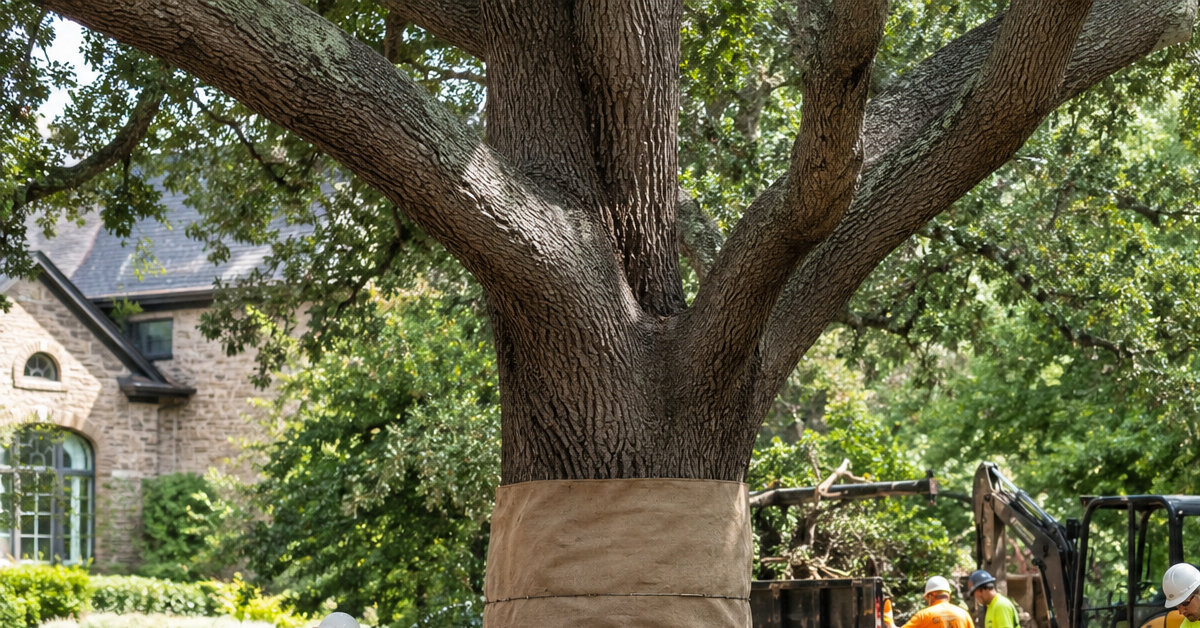 Earthworks crew protecting a mature oak during tree care work