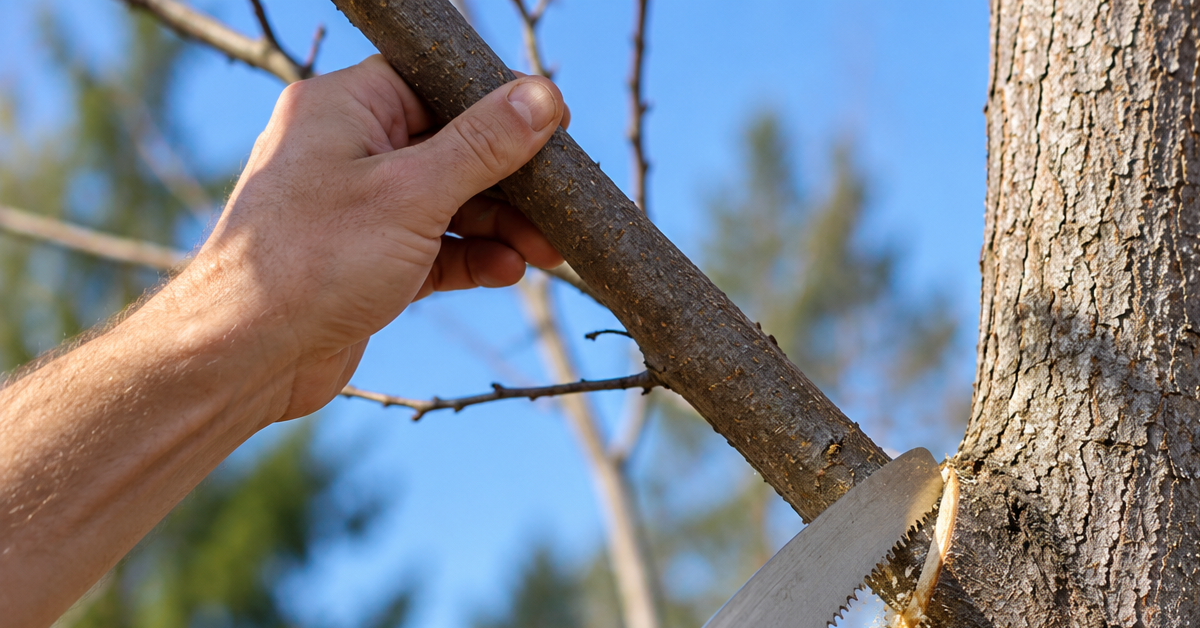 Arborist making a pruning cut just outside the branch collar on a maple tree