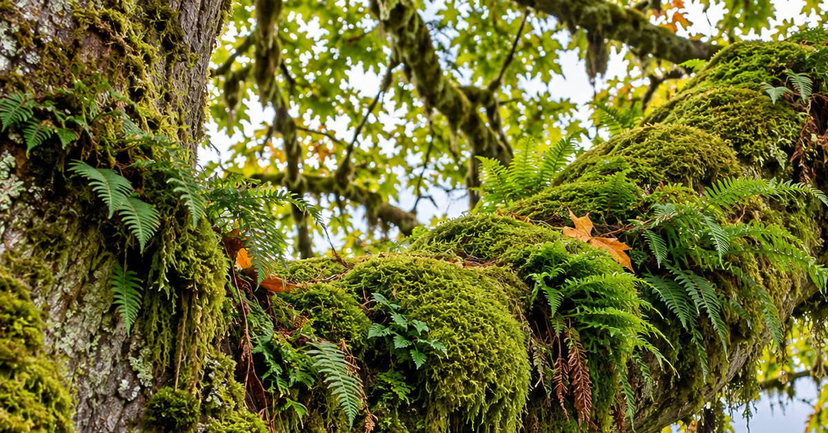 Large bigleaf maple limb covered in thick moss and ferns in Bellingham, Washington